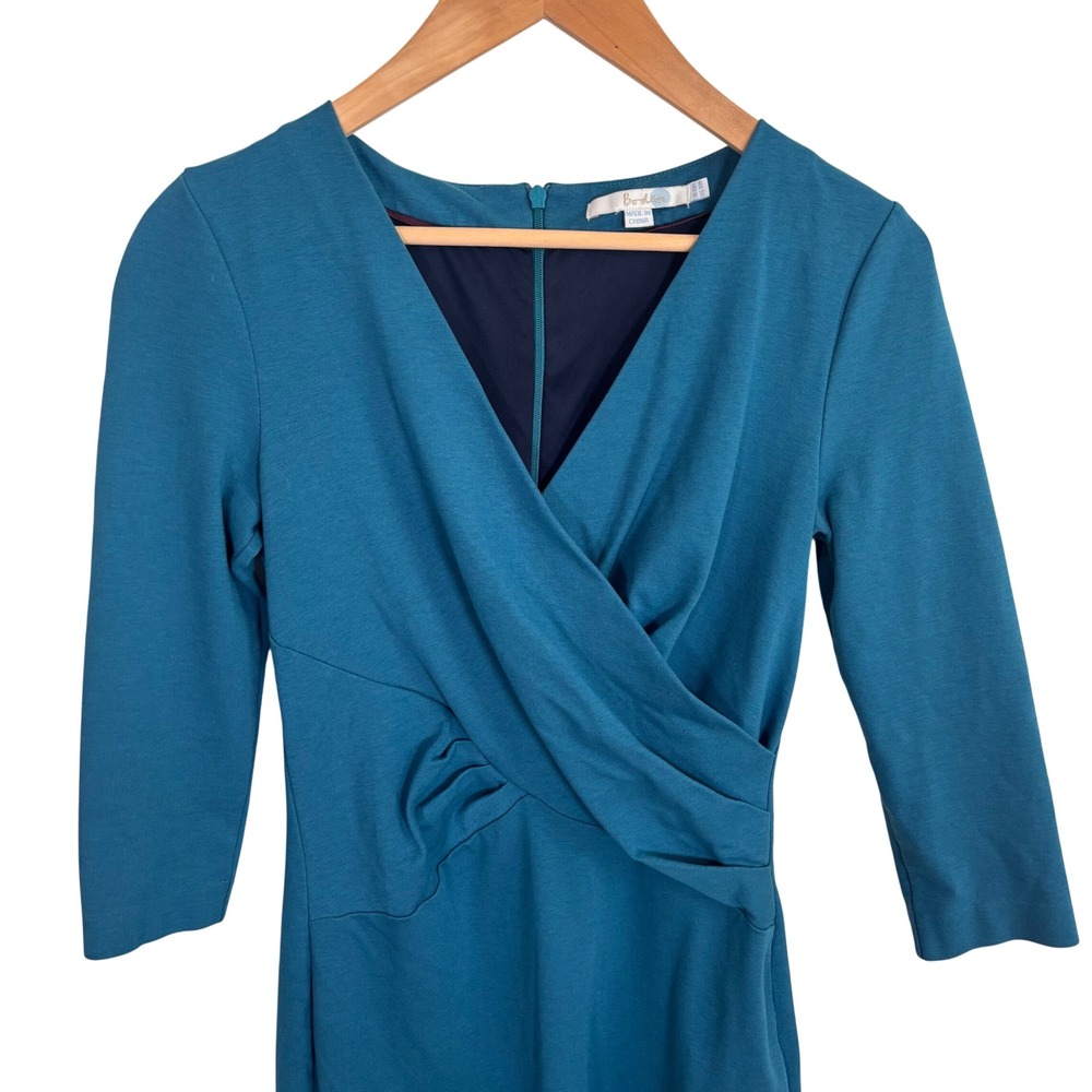 Boden Dress Womens Sz 6 Teal Blue Sheath V Neck Wrap Classic Tailored Stretch